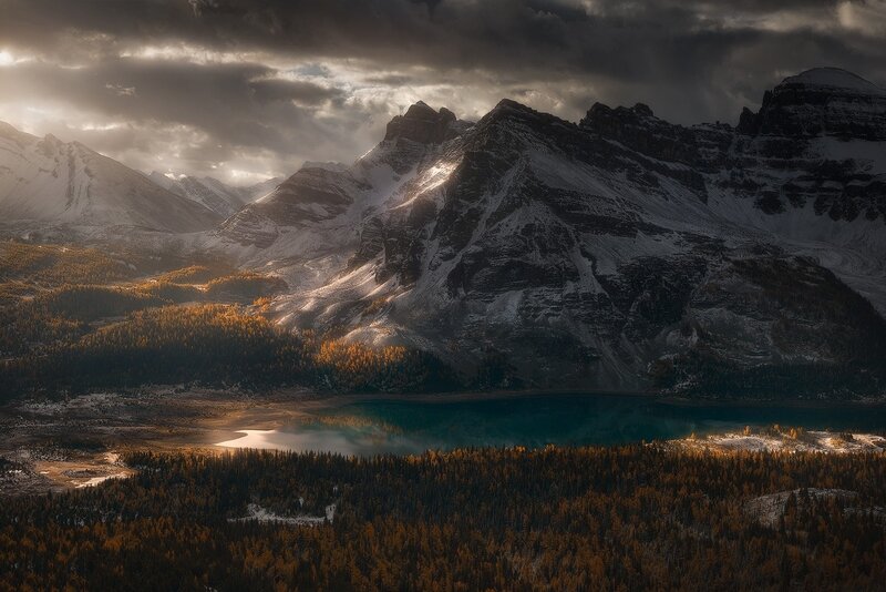 Snow-capped Mountains and Lake — Brown, Dramatic