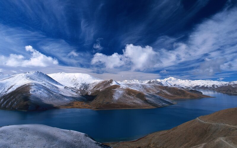 Snow-capped Mountains and Lake — Dramatic, Clouds