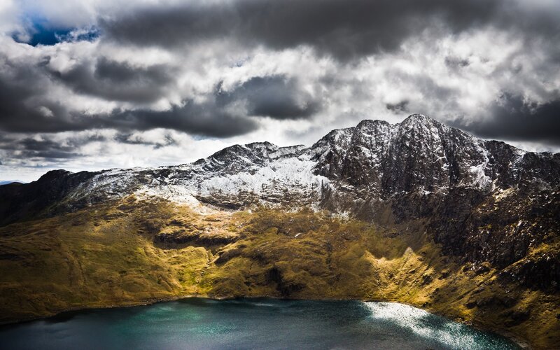 Snow-capped Mountains and Lake — Gray, Dramatic, Afternoon