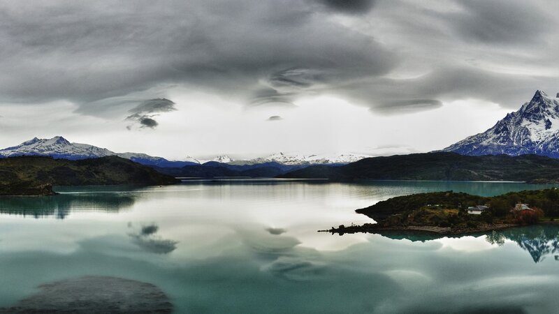 Snow-capped Mountains and Lake — Gray, Dramatic