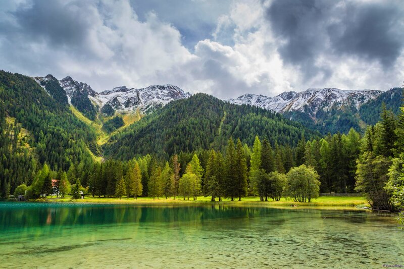 Snow-capped Mountains and Lake — Green, Dramatic, Afternoon, Photograph, Forest, Clouds