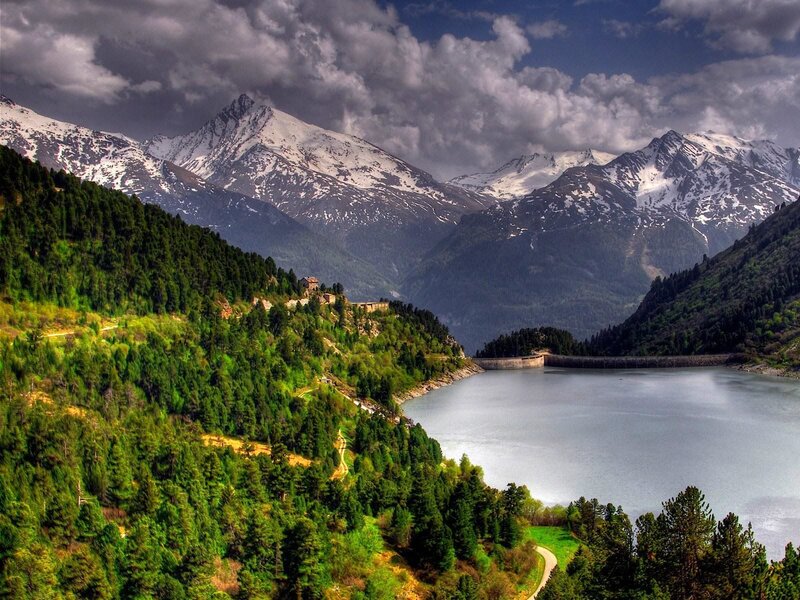 Snow-capped Mountains and Lake — Green, Dramatic, Afternoon, Photograph, Forest, Dam