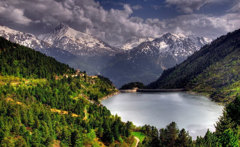 Snow-capped Mountains and Lake — Green, Dramatic, Afternoon