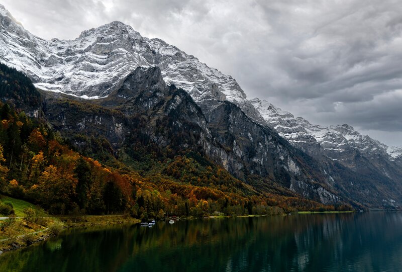 Snow-capped Mountains and Lake — Green, Dramatic, Autumn