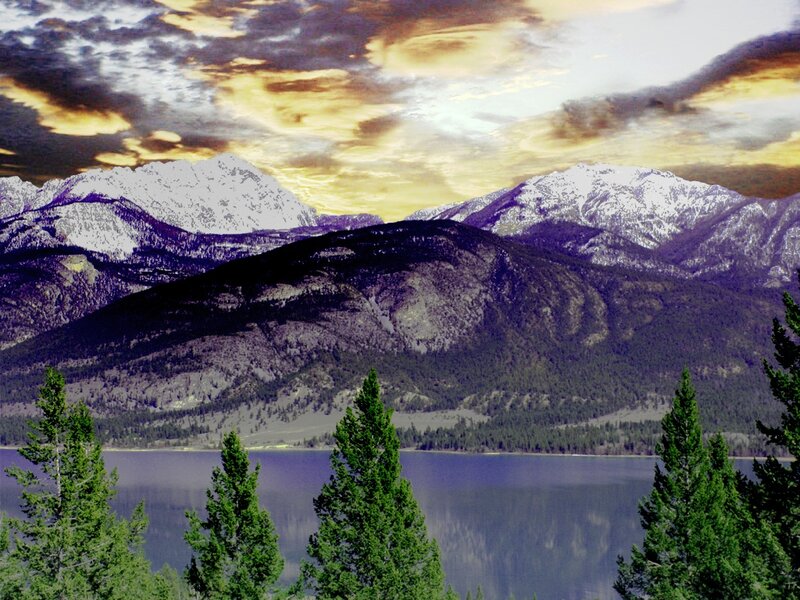 Snow-capped Mountains and Lake — Green, Dramatic, Sunset