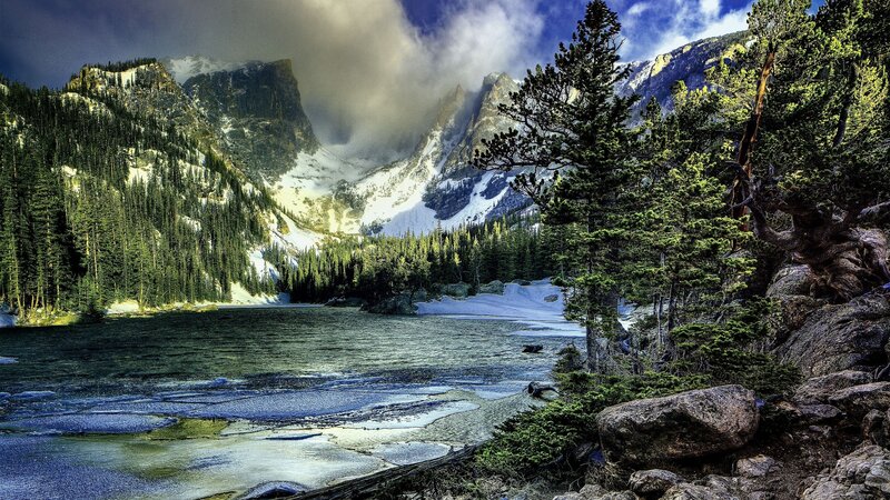 Snow-capped Mountains and Lake — Green, Dramatic, Winter