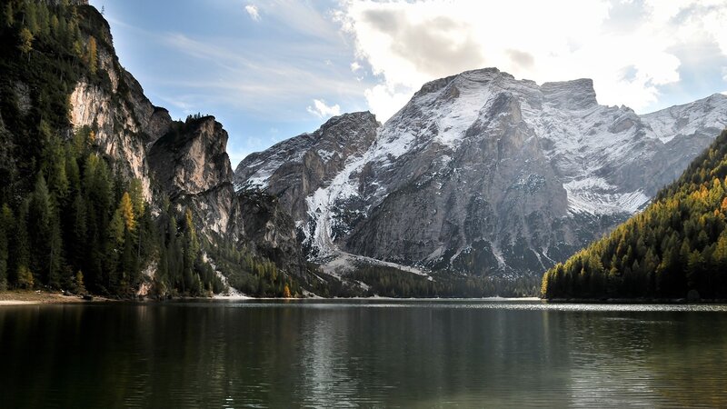 Snow-capped Mountains and Lake — Green, Serene, Autumn, Photograph, Forest, Sky, Blue