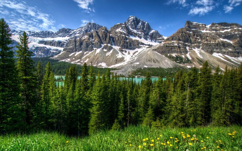 Snow-capped Mountains and Lake — Green, Serene, Summer