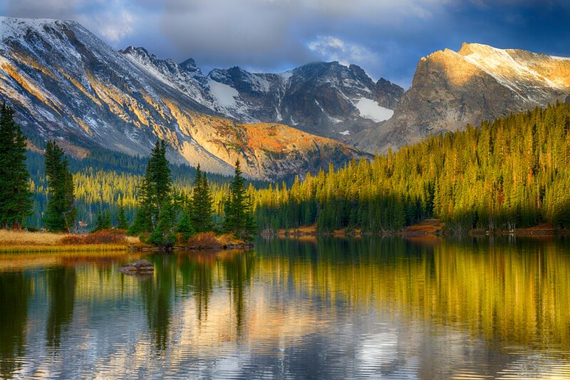 Snow-capped Mountains and Lake — Green, Serene, Sunset