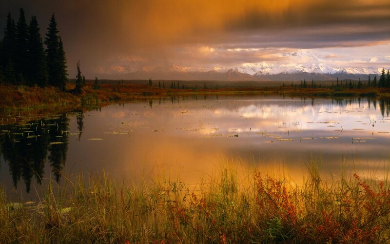 Snow-capped Mountains and Lake — Orange, Dramatic, Sunset
