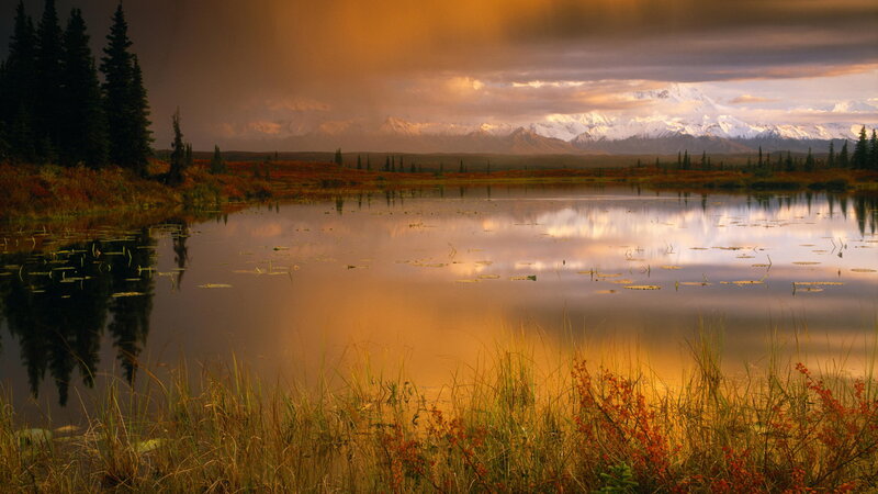 Snow-capped Mountains and Lake — Orange, Dramatic