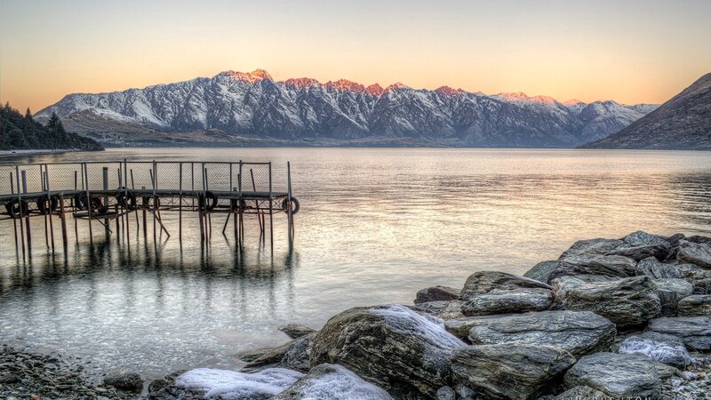 Snow-capped Mountains and Lake — Orange, Serene