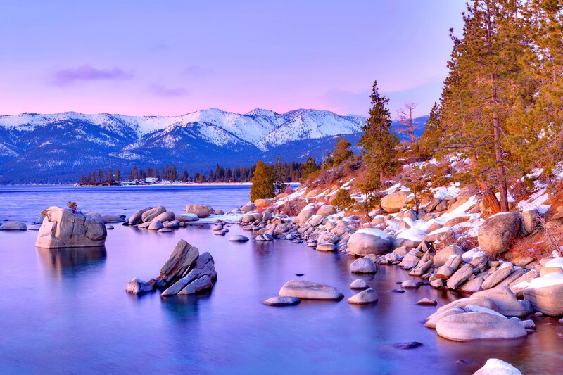 Snow-capped Mountains and Lake — Purple, Serene, Sunset, Photograph