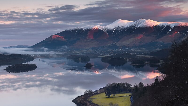 Snow-capped Mountains and Lake — Purple, Serene, Sunset, Photograph, Trees