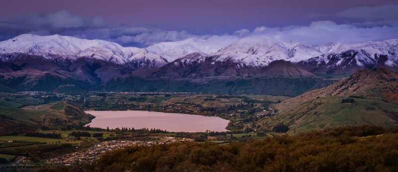 Snow-capped Mountains and Lake — Purple, Serene, Sunset