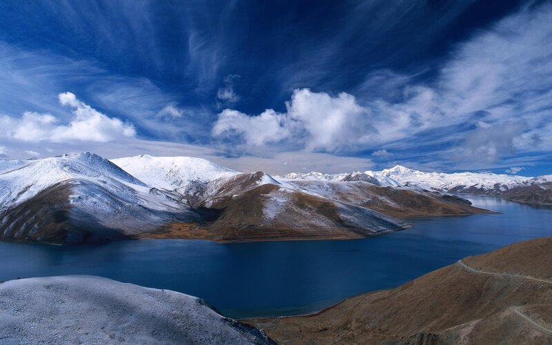 Snow-capped Mountains and Lake — Road