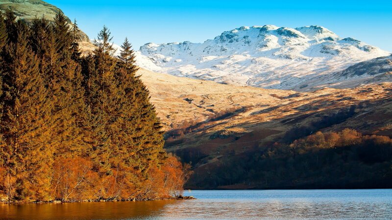 Snow-capped Mountains and Lake — Serene, Autumn
