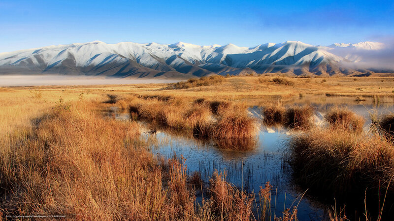 Snow-capped Mountains and Marsh — Blue, Serene