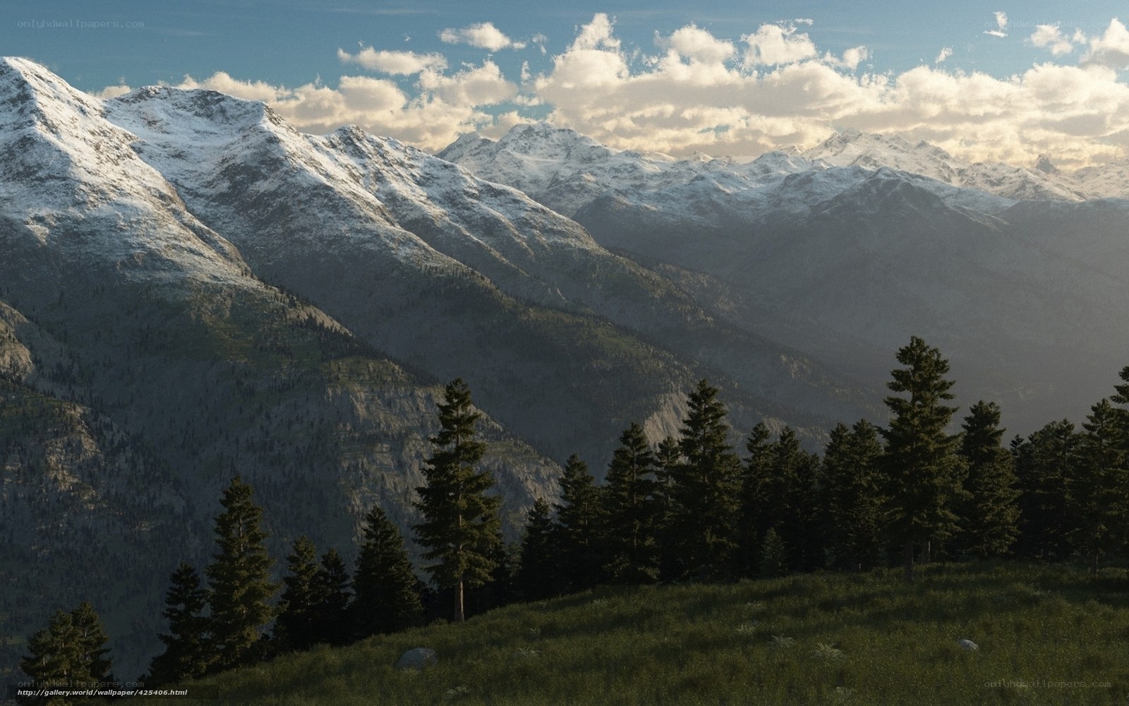 Snow-capped mountains and pine trees