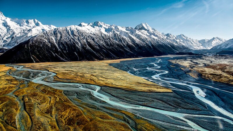 Snow-capped Mountains and River — Blue, Dramatic, Afternoon, Photograph