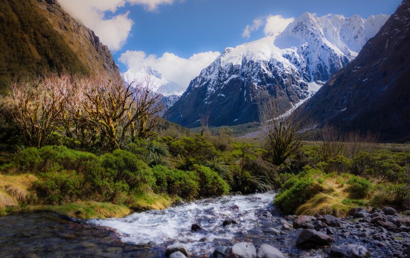 Snow-capped Mountains and River — Blue, Serene, Afternoon
