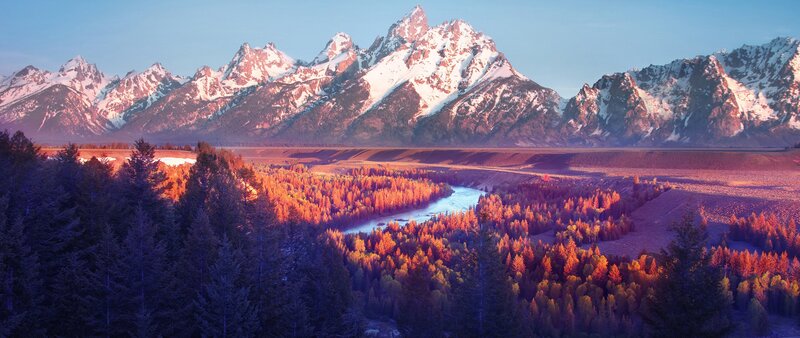 Snow-capped Mountains and River — Blue, Serene, Sunset, Photograph
