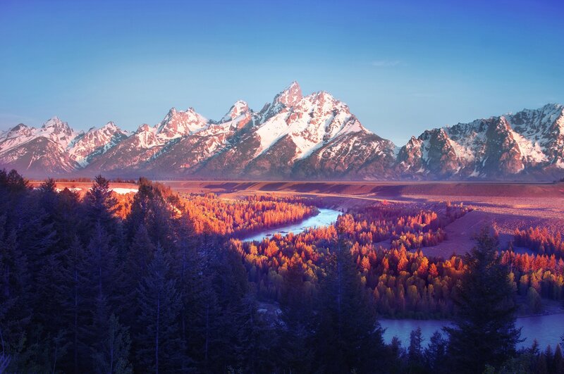 Snow-capped Mountains and River — Blue, Serene, Sunset