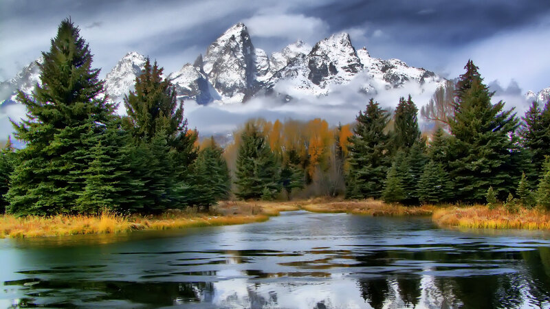 Snow-capped Mountains and River — Green, Dramatic