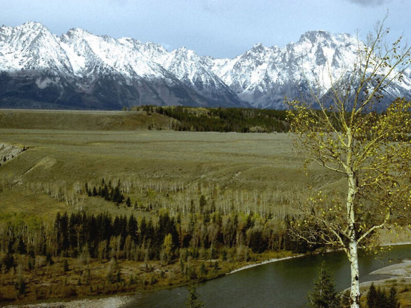 snow-capped mountains and river valley
