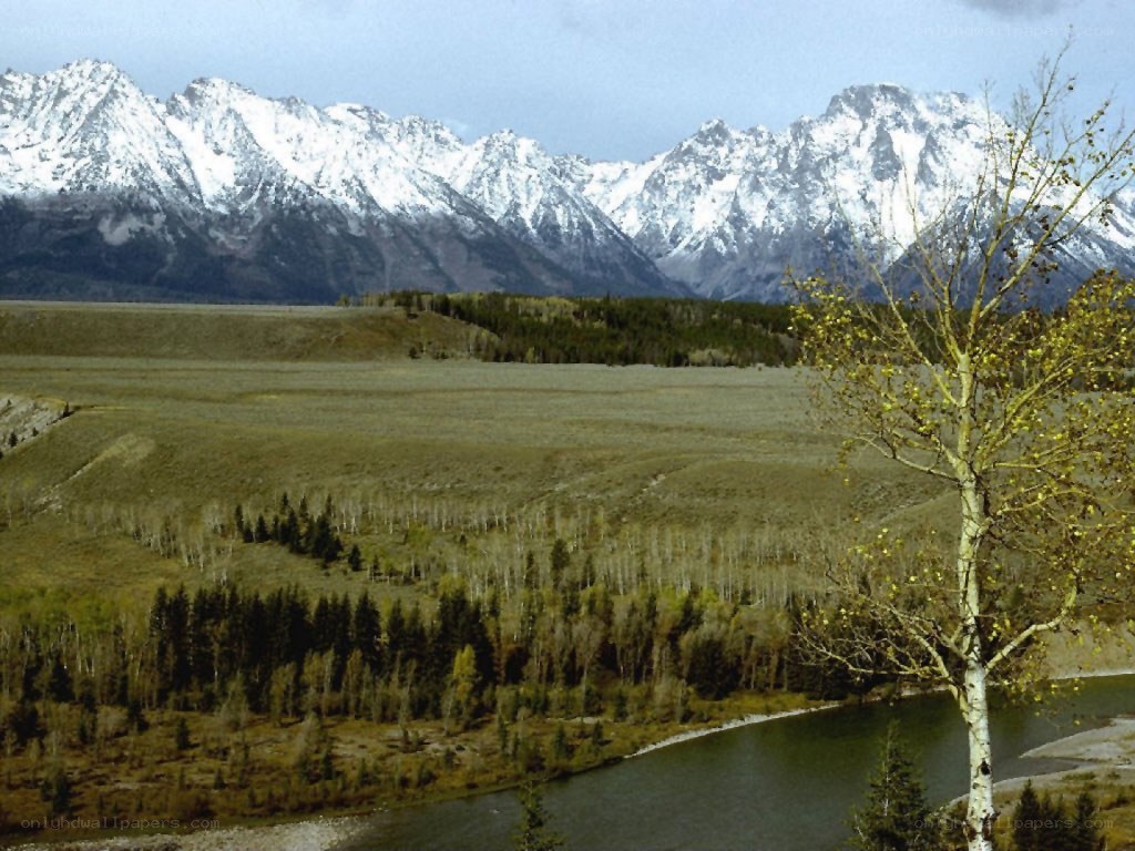 snow-capped mountains and river valley