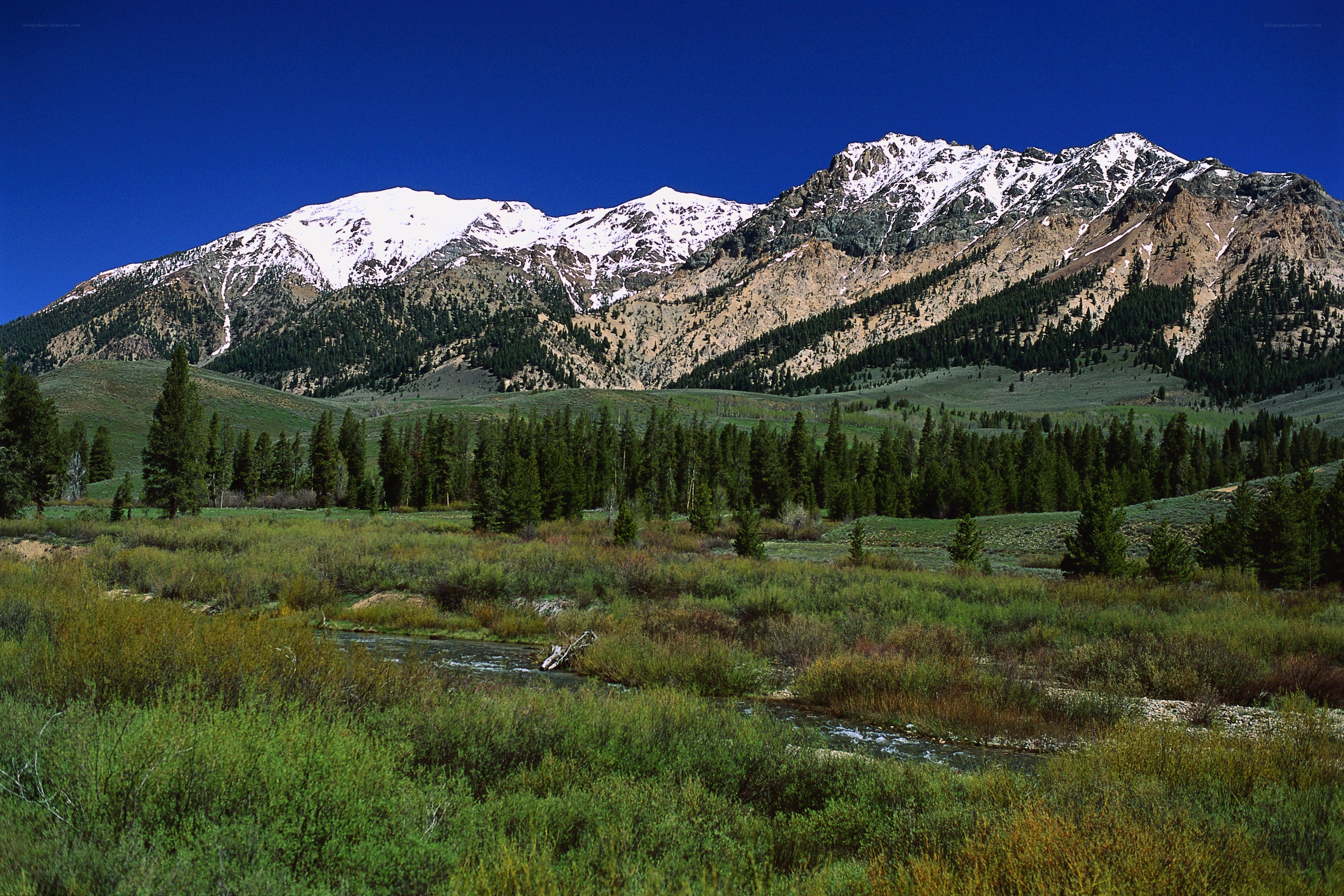 Snow-capped mountains and river valley