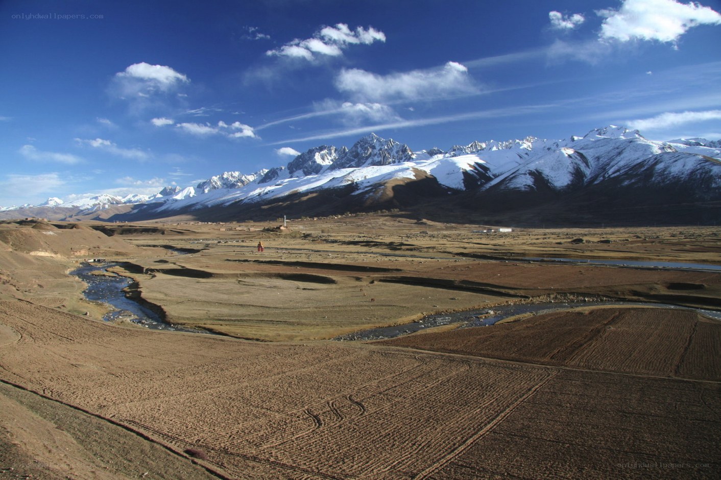 Snow-capped mountains and river valley
