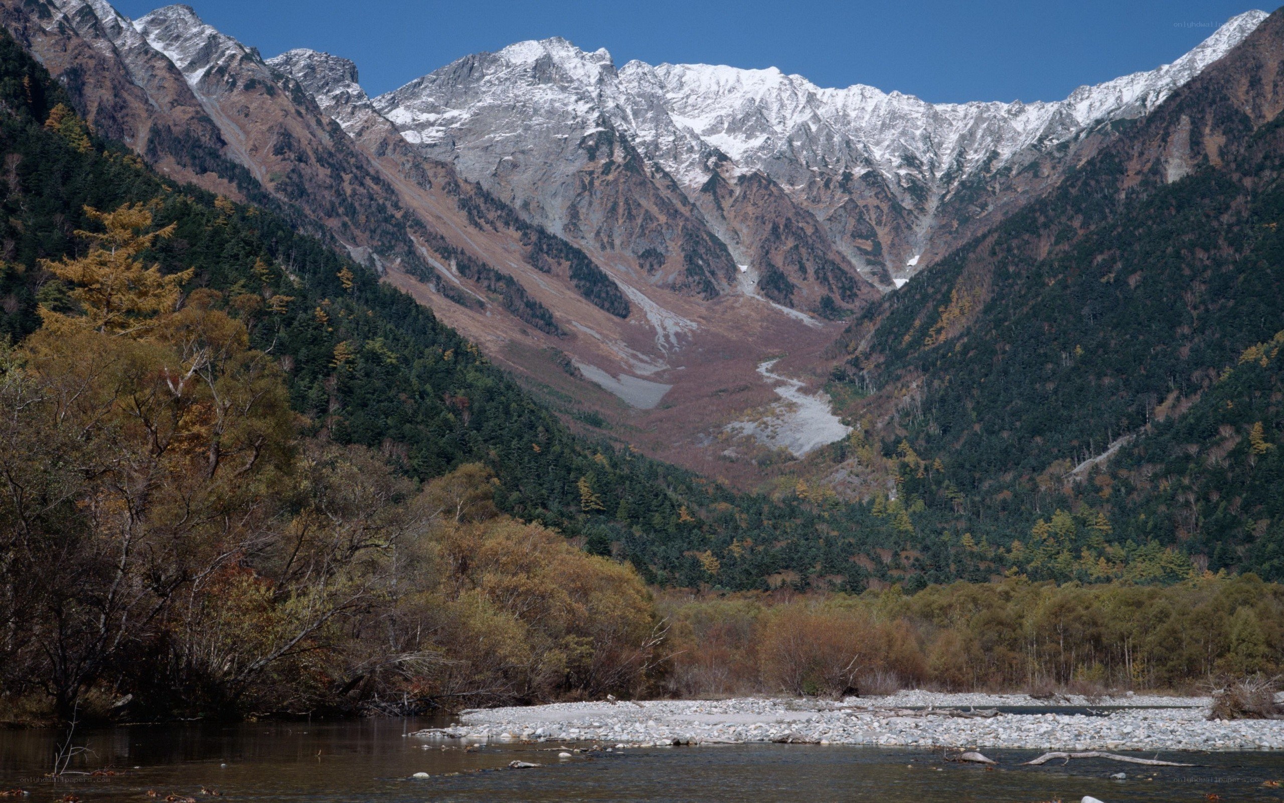 Snow-capped mountains and river valley