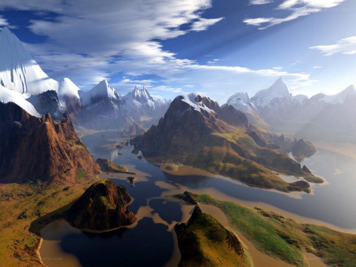 snow-capped mountains and river valley