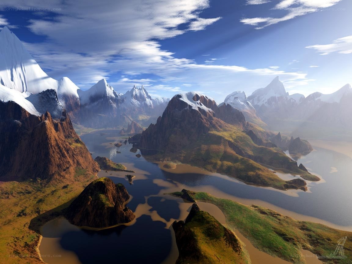 Snow-capped mountains and river valley