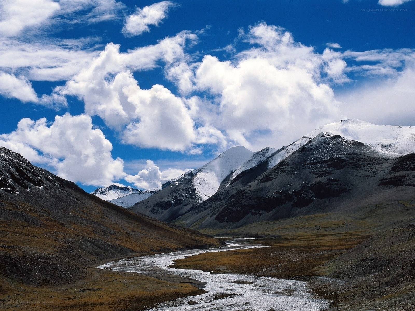 Snow-capped mountains and river valley