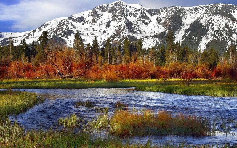 Snow-capped Mountains and Stream — Blue, Serene, Autumn
