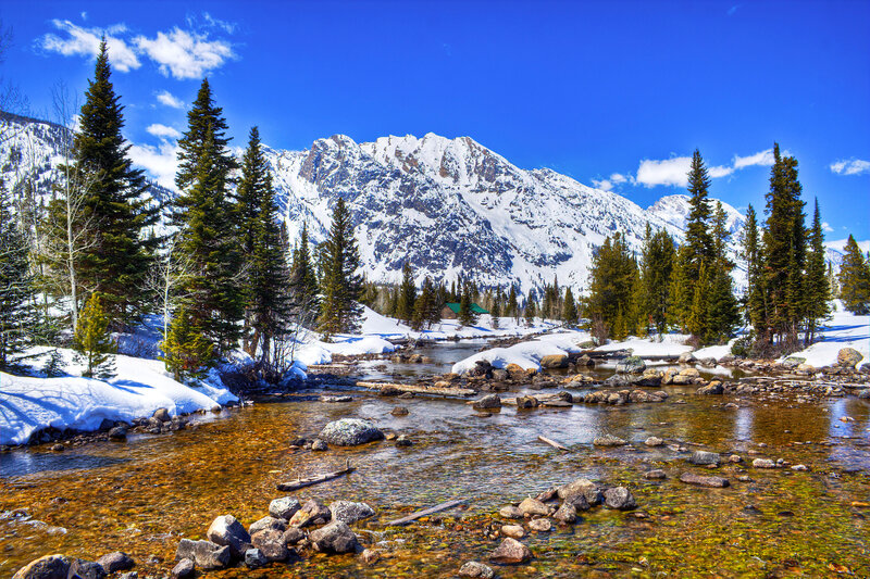 Snow-capped Mountains and Stream — Blue, Serene