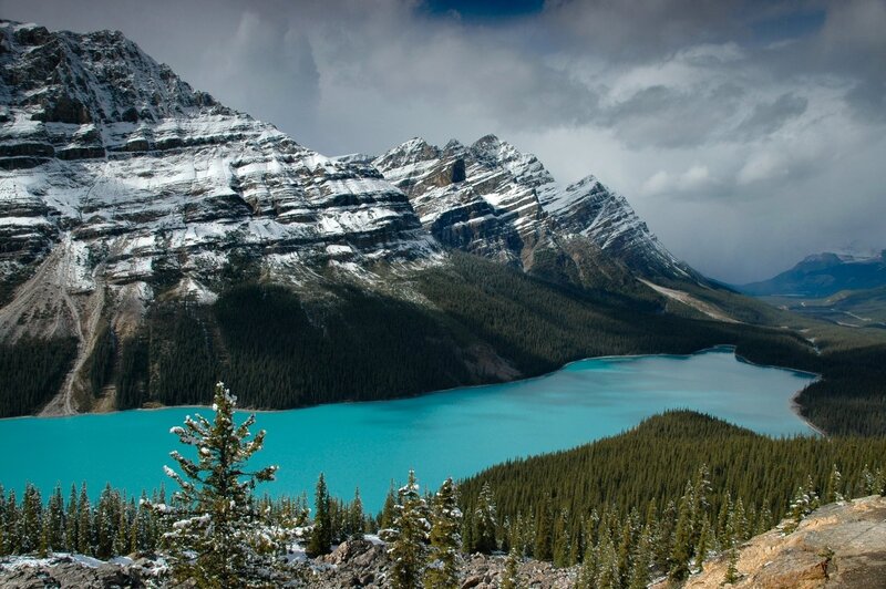 Snow-capped mountains and turquoise lake