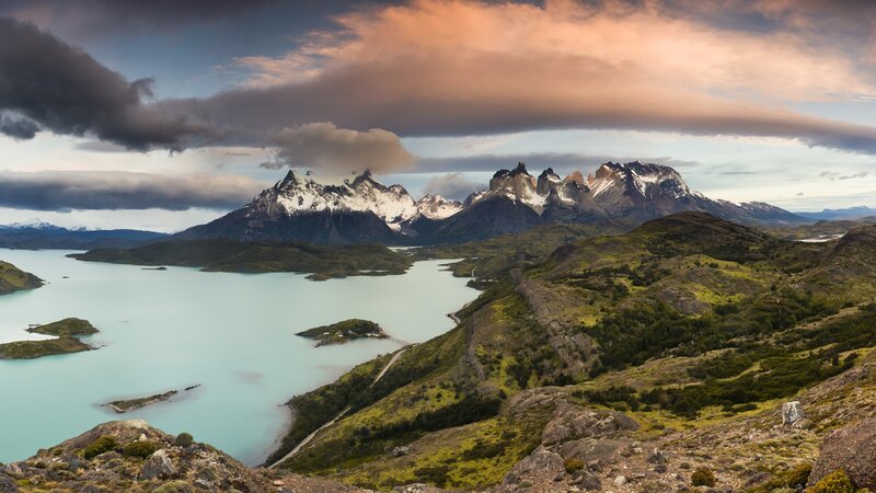 Snow-capped mountains and turquoise lake