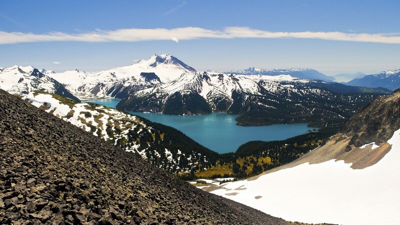 Snow-capped mountains and turquoise lake