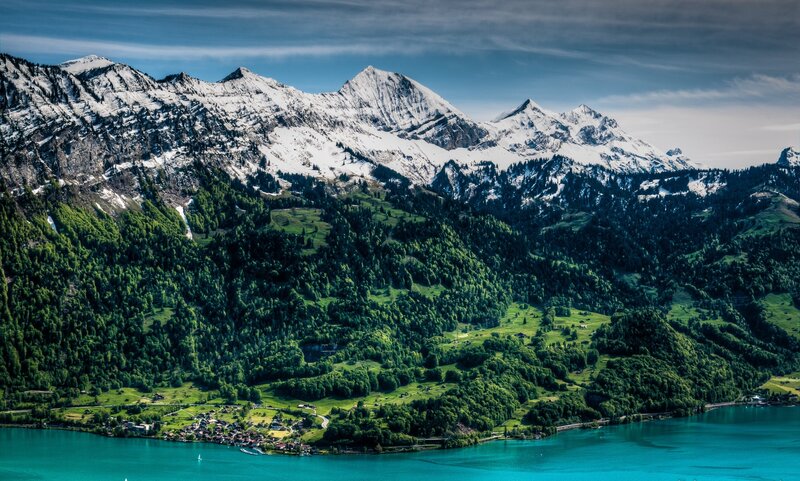 snow-capped mountains and turquoise lake
