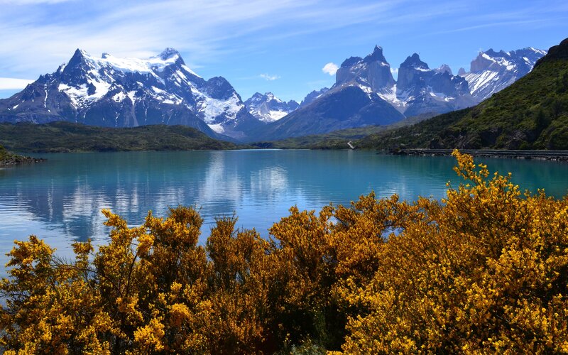 Snow-capped mountains and turquoise lake