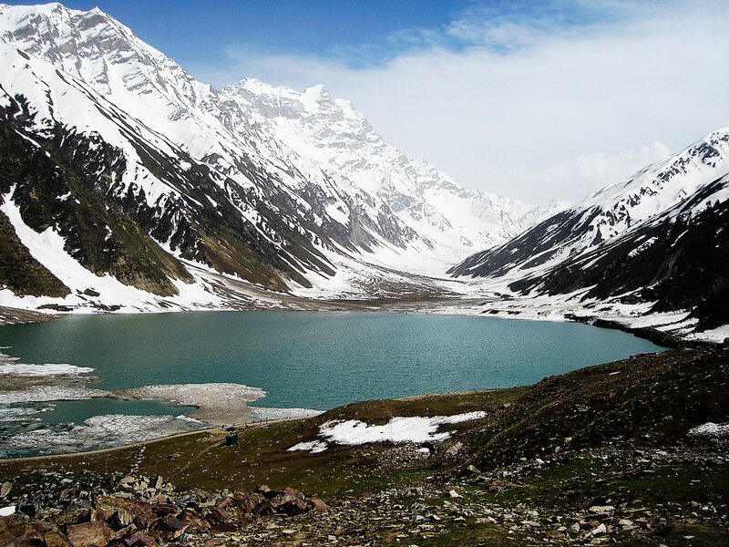 snow-capped mountains and turquoise lake