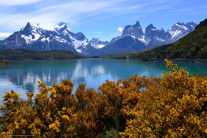Snow-capped mountains and turquoise lake