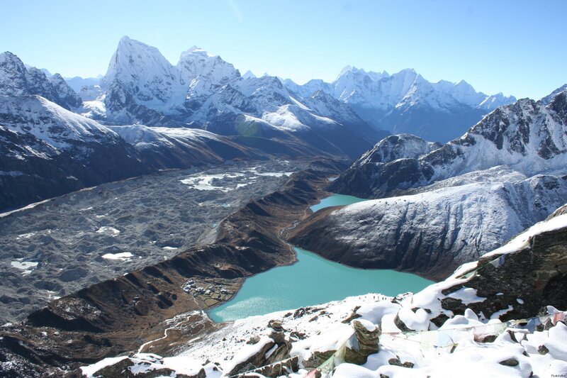 snow-capped mountains and turquoise lake