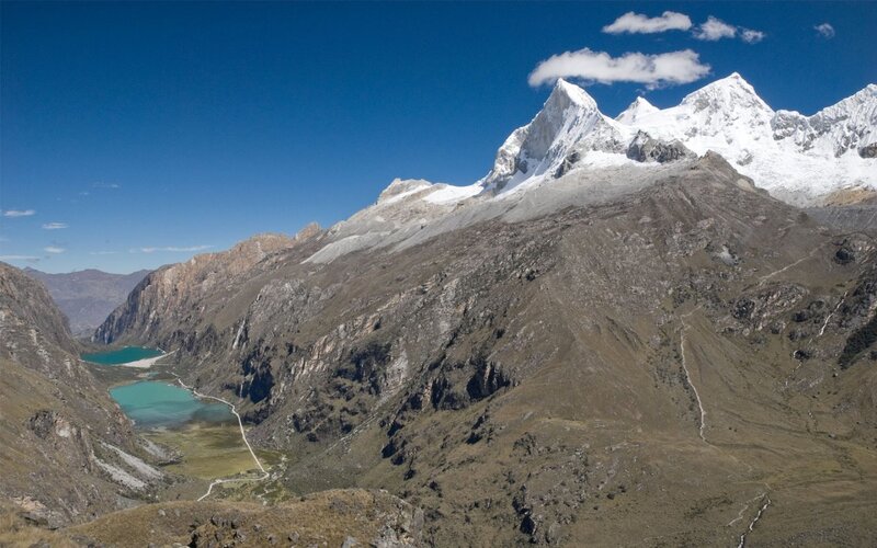 Snow-capped mountains and turquoise lakes