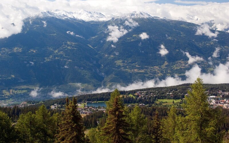 Snow-capped Mountains and Valley — Green, Serene, Afternoon, Photograph
