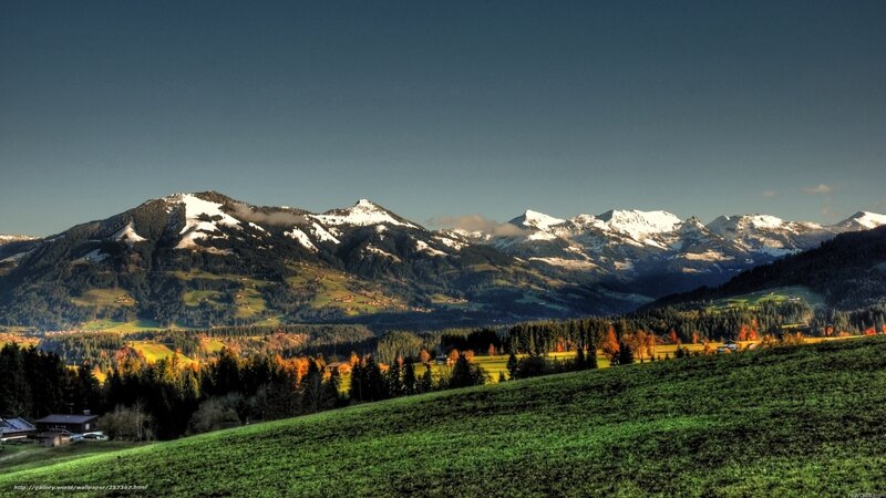 Snow-capped Mountains and Valley — Green, Serene, Autumn, Photograph