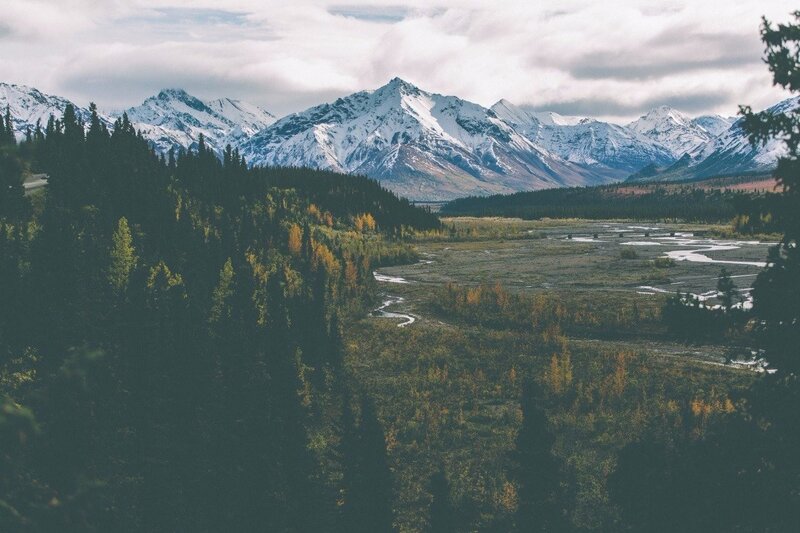 Snow-capped Mountains and Valley — Green, Serene, Autumn
